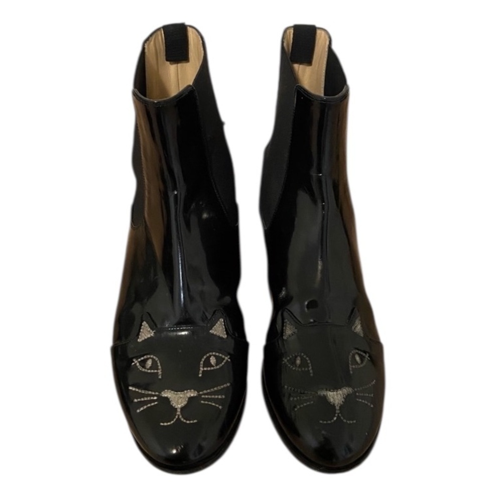 Charlotte Olympia Chelsea Kitty Cat leather black Chelsea ankle boots 8.5